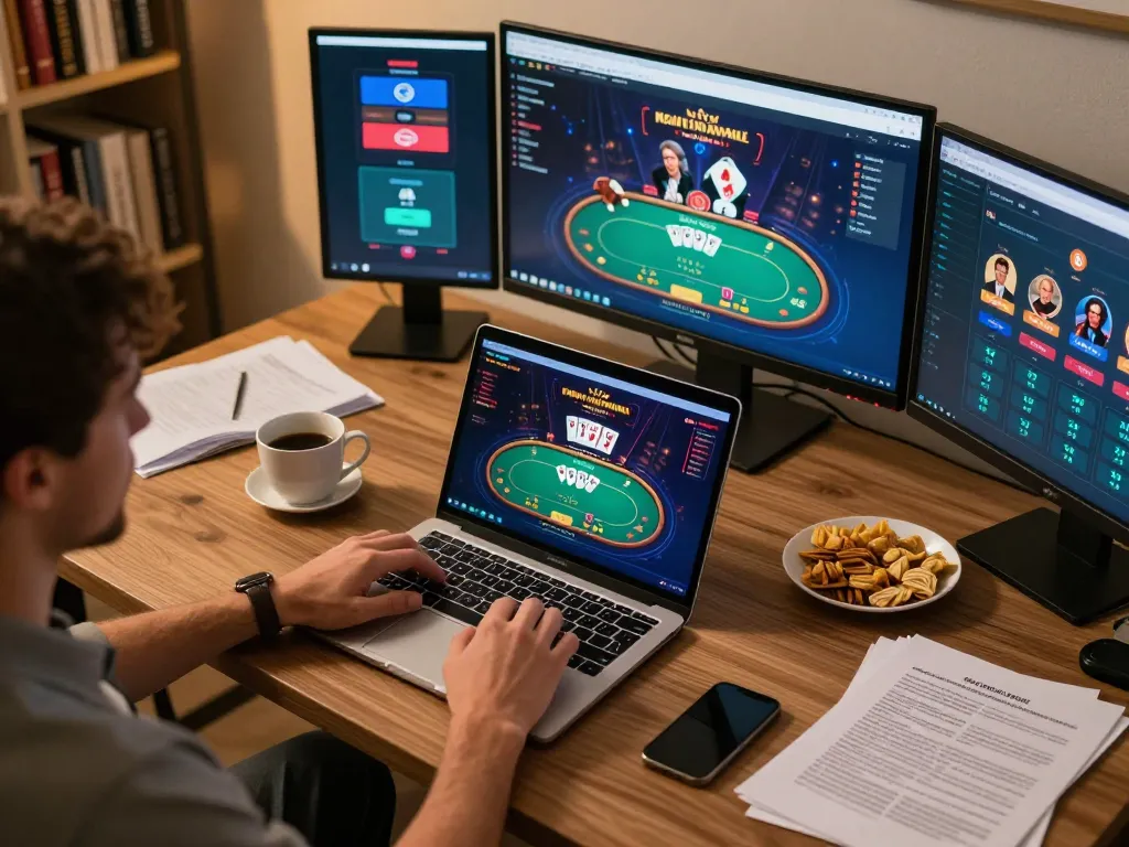 LU88 poker player strategizing at home with immersive online gaming setup