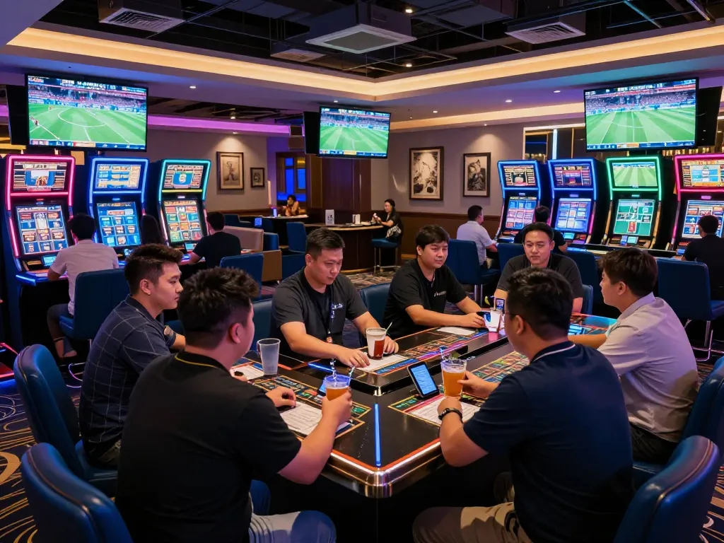 Sky88 players placing bets at a vibrant sports betting lounge, capturing the excitement of live gaming events.