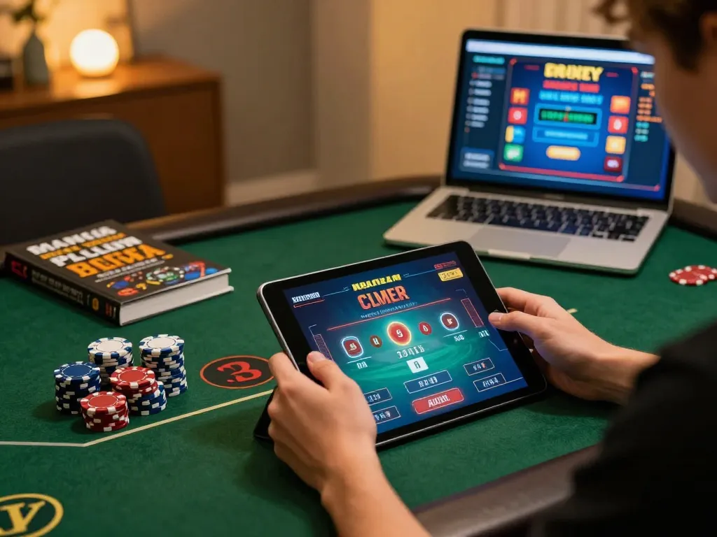 Engaging gameplay scene showing 88vv lừa dảo strategy with tablet and poker chips on the table.