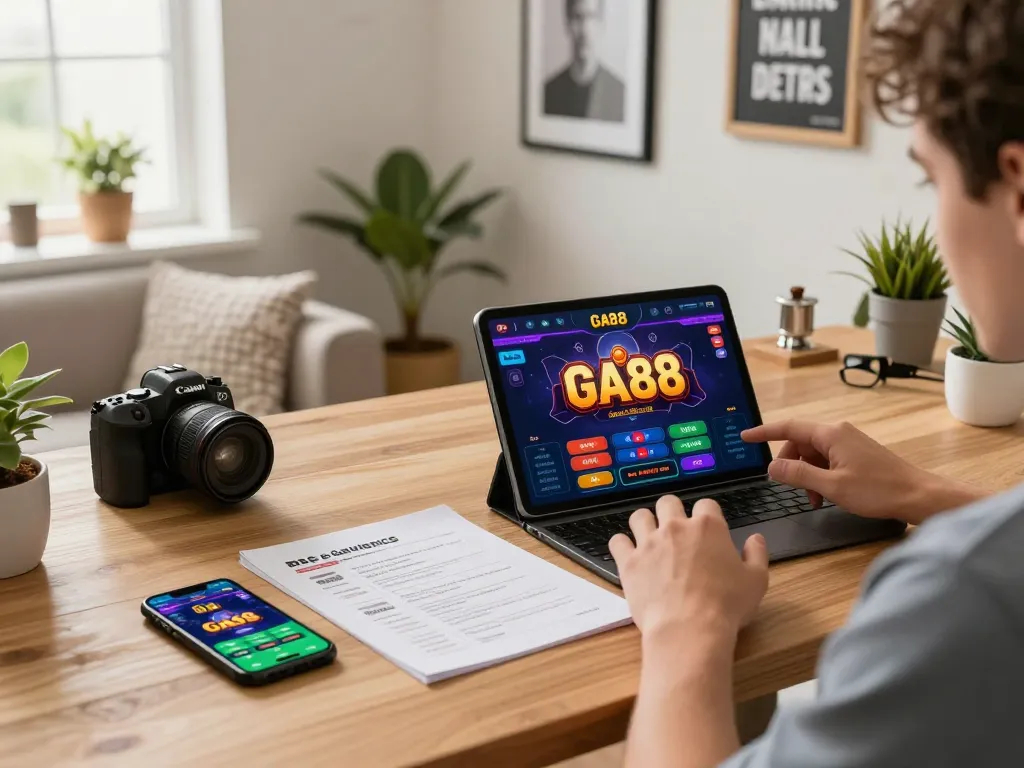 Experience immersive gaming at GA88 with a user engaging in online betting on a tablet and displaying strategy notes.