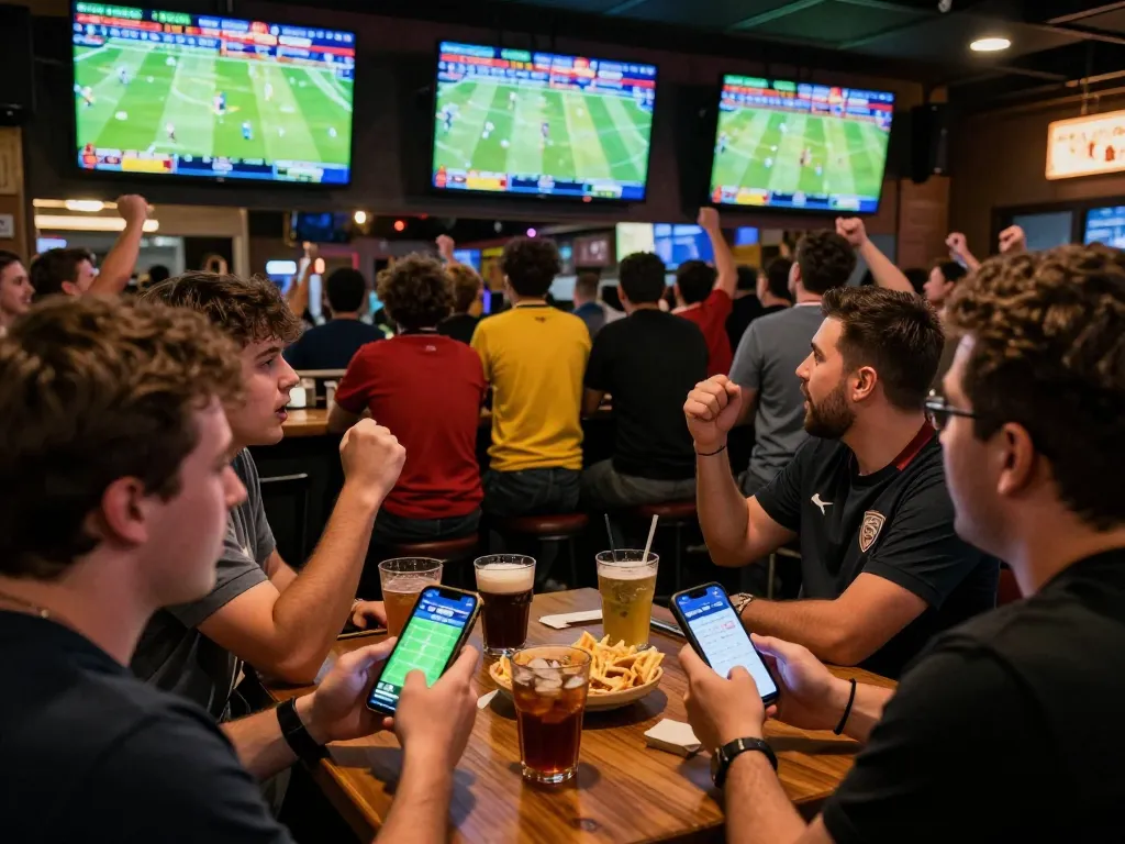 S666 sports betting enthusiasts celebrating wins with smartphones at a vibrant sports bar.
