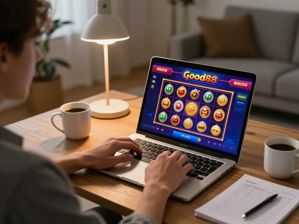 Engaged player enjoying Good88 online slots during a cozy home gaming session.