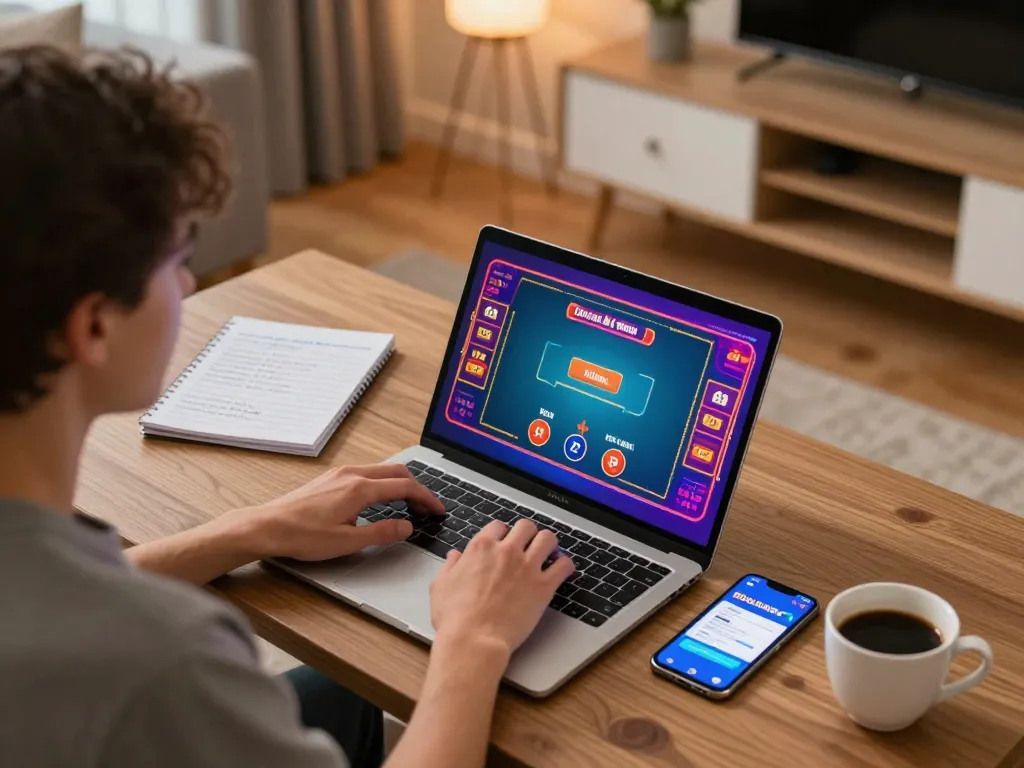 Player engaging in online gaming at 88aa trang chủ with laptop, notes, and a cozy atmosphere
