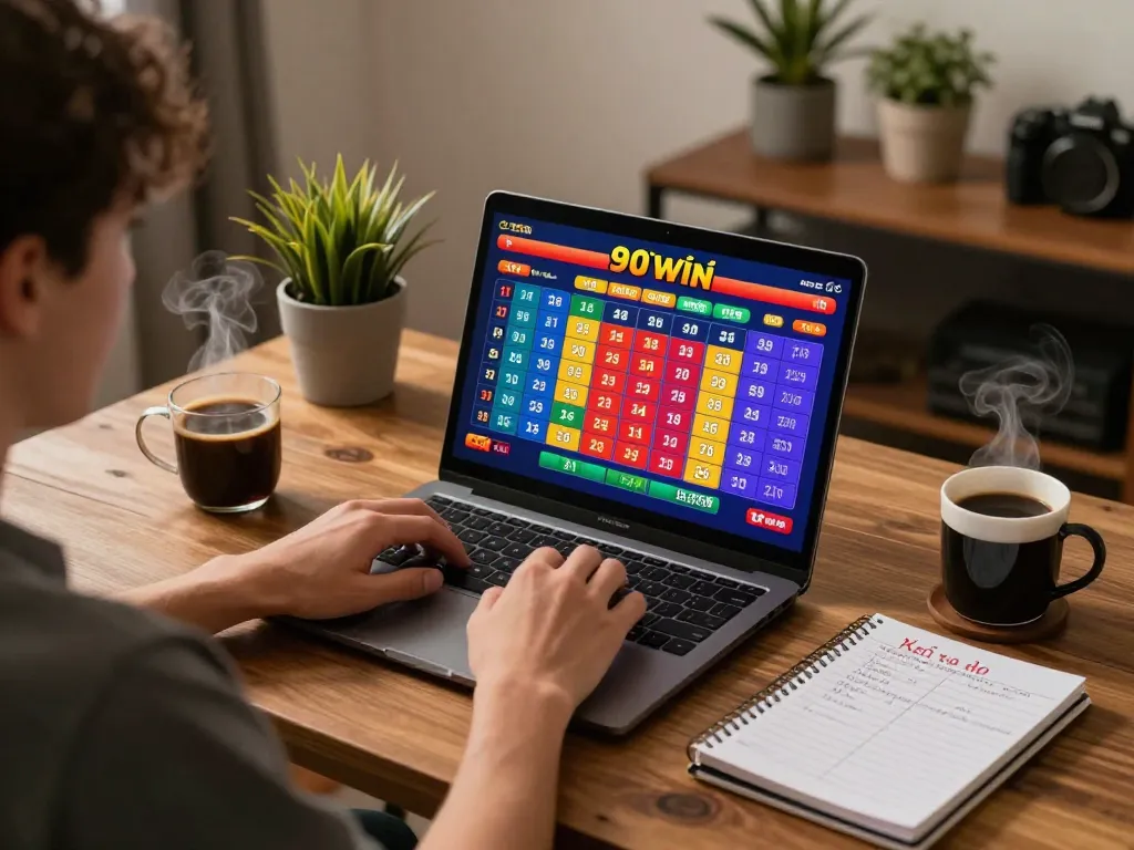 xổ số 98win player actively selecting numbers on their laptop in a cozy home office setting.