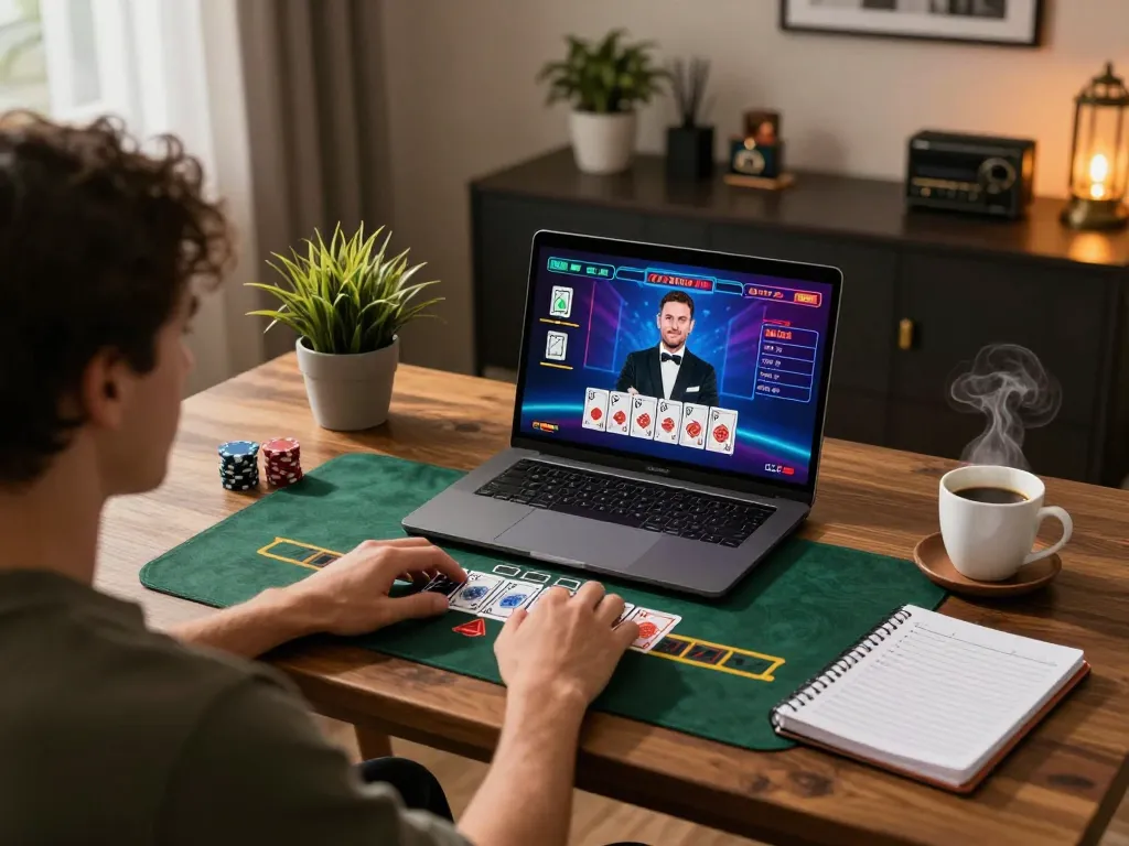 Player strategizing on HITCLUB gaming platform at home with live dealer blackjack