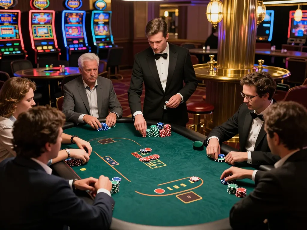 KONG88 players engaging in an intense poker game at a luxurious casino, surrounded by lively ambiance and strategic gameplay.