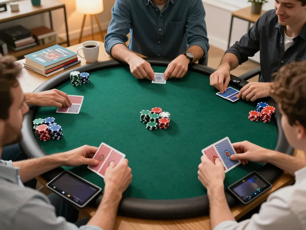 HITCLUB players engaged in online poker strategy at home, showcasing cards and chips.
