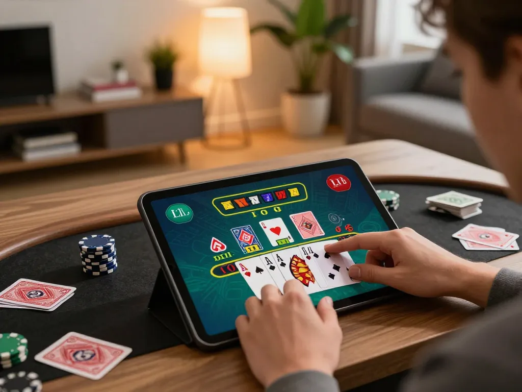 Engaging online blackjack gameplay illustrating tt88 lừa dảo precautions in a modern home setting.