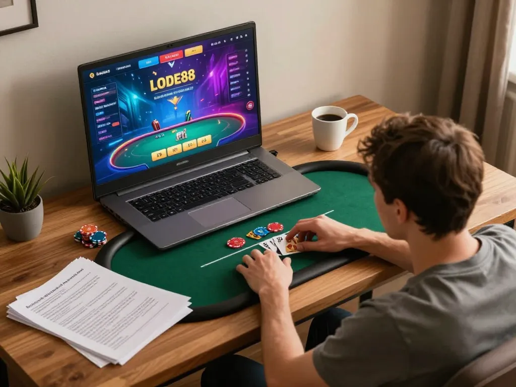 Player enjoying LODE88 online poker with strategic notes, conveying immersive gaming experience