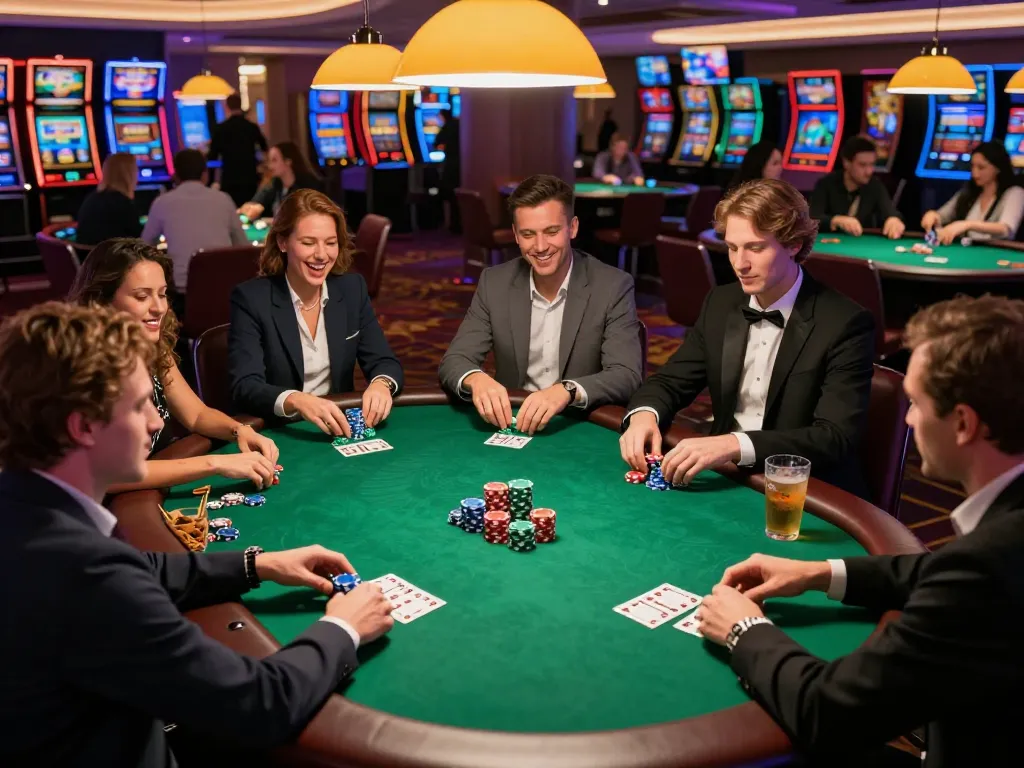 Engaging poker game scene illustrating fun moments at HBET casino with friends and lively atmosphere.