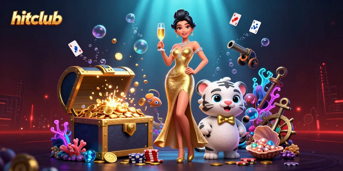 Experience thrilling gameplay with Hitclub, showcasing a glamorous woman, lucky tiger, and rich casino elements.