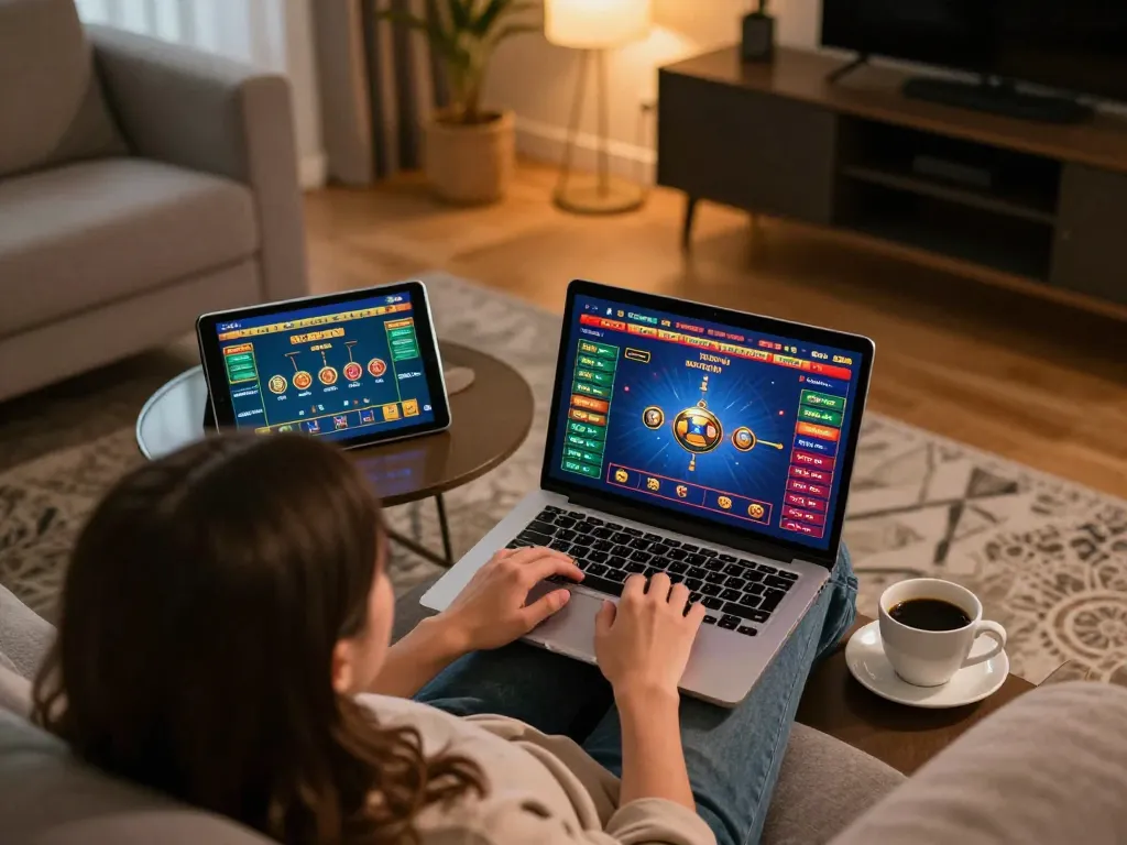 TOPBET gaming session showing a player engaged in online poker on a laptop with a live betting interface at home