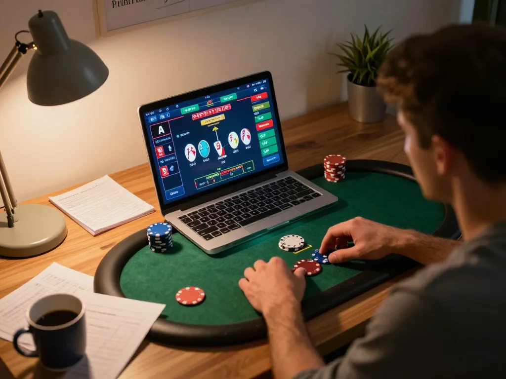 Engage with the link f8bet for an exciting online poker session in a cozy home office environment