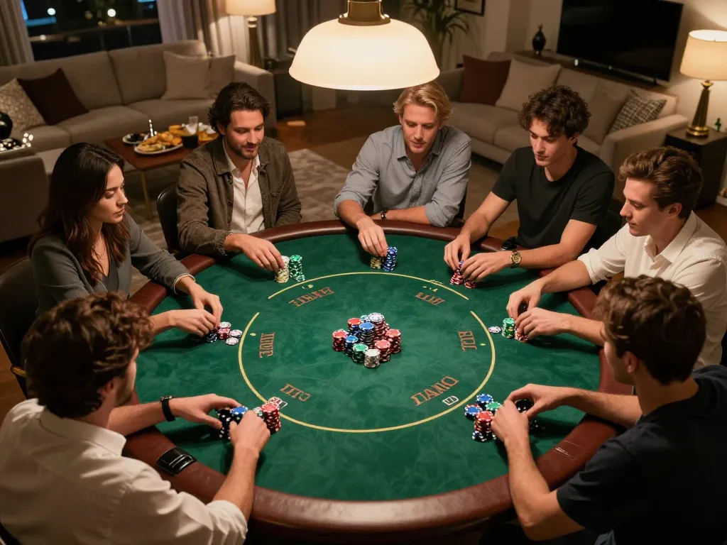 Friends enjoy an exciting Texas Hold'em game at home while using strategies for 789win.