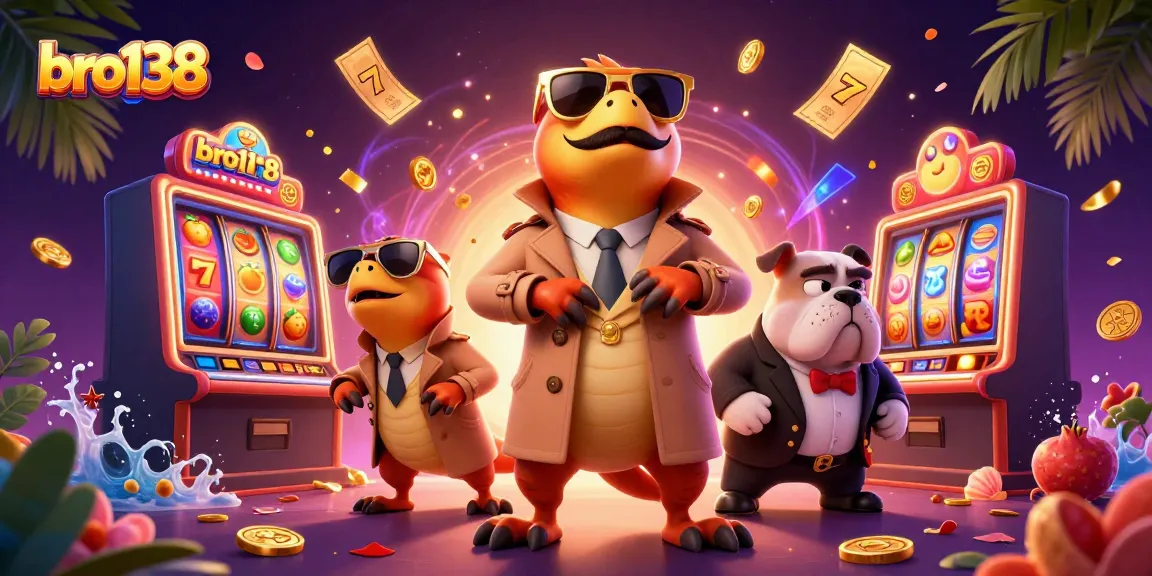 Engage with bro138's thrilling slots and jackpots depicted by colorful reels and raptors in a casino scene.