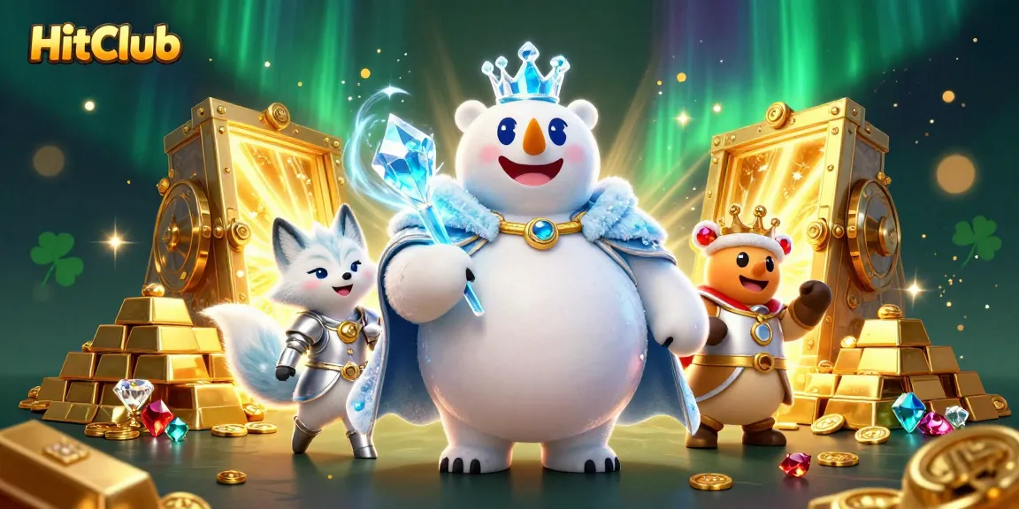 Experience HitClub's dynamic gaming scene with a 3D polar bear and snow fox amidst treasures.