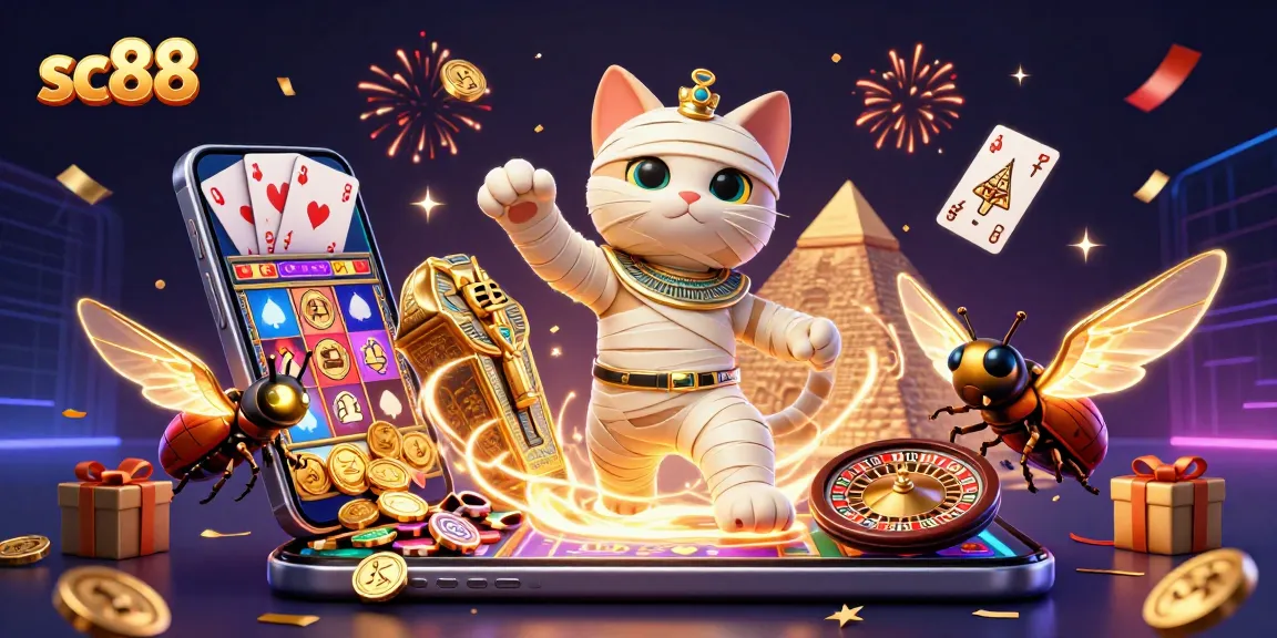 Join the fun at sc88 with a colorful slot game featuring 3D Egyptian characters and casino elements.