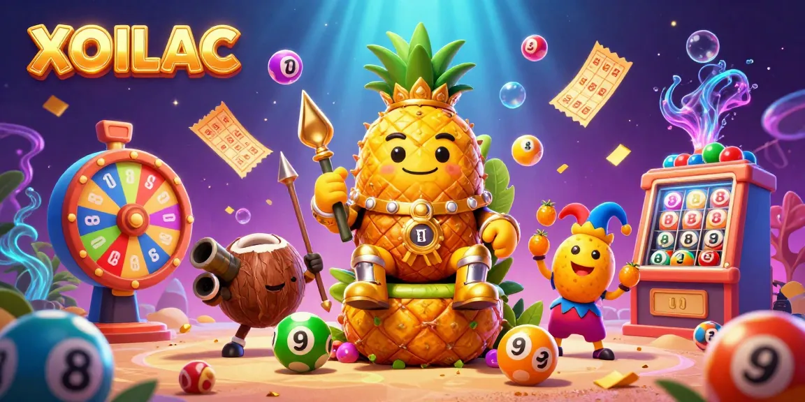 Experience the thrill of XOILAC with vibrant lottery elements exploding in a dynamic beach casino scene.