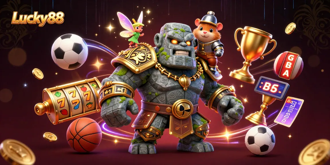 Experience the thrilling Lucky88 casino scene with vibrant characters amidst golden coins and slot reels.