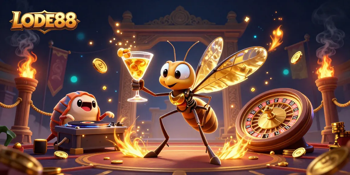 Experience LODE88's electrifying online gaming with animated characters in a rich casino scene.
