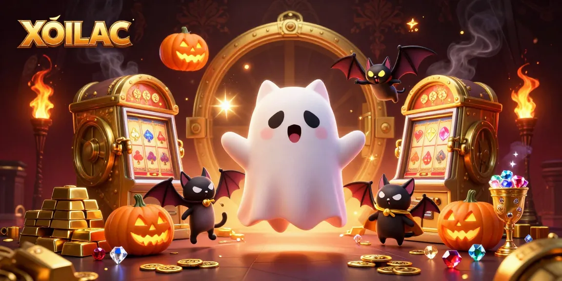 Experience the vibrant XOILAC action with a ghost cat and vampire bat in a lively casino scene.