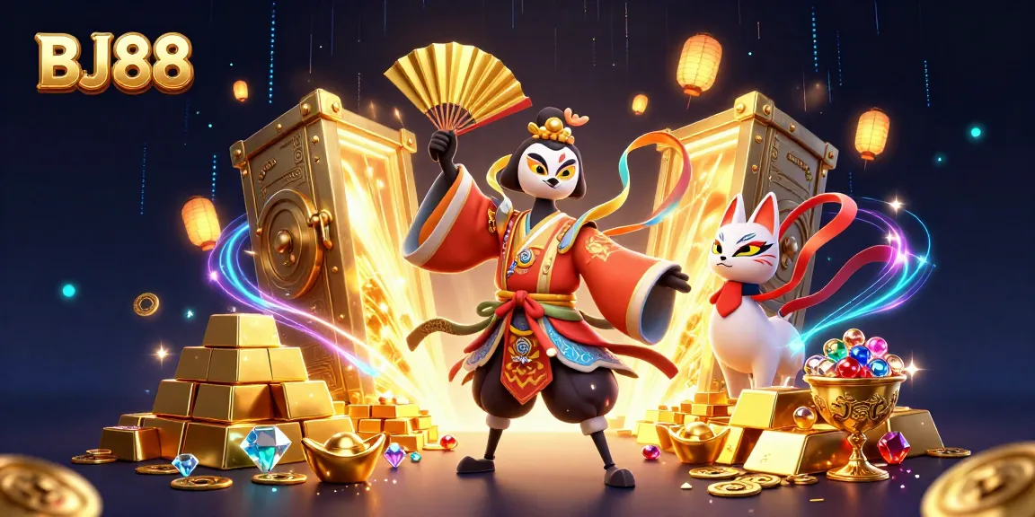 BJ88 showcases a dynamic and festive illustration of online casino excitement with vivid characters and treasure.