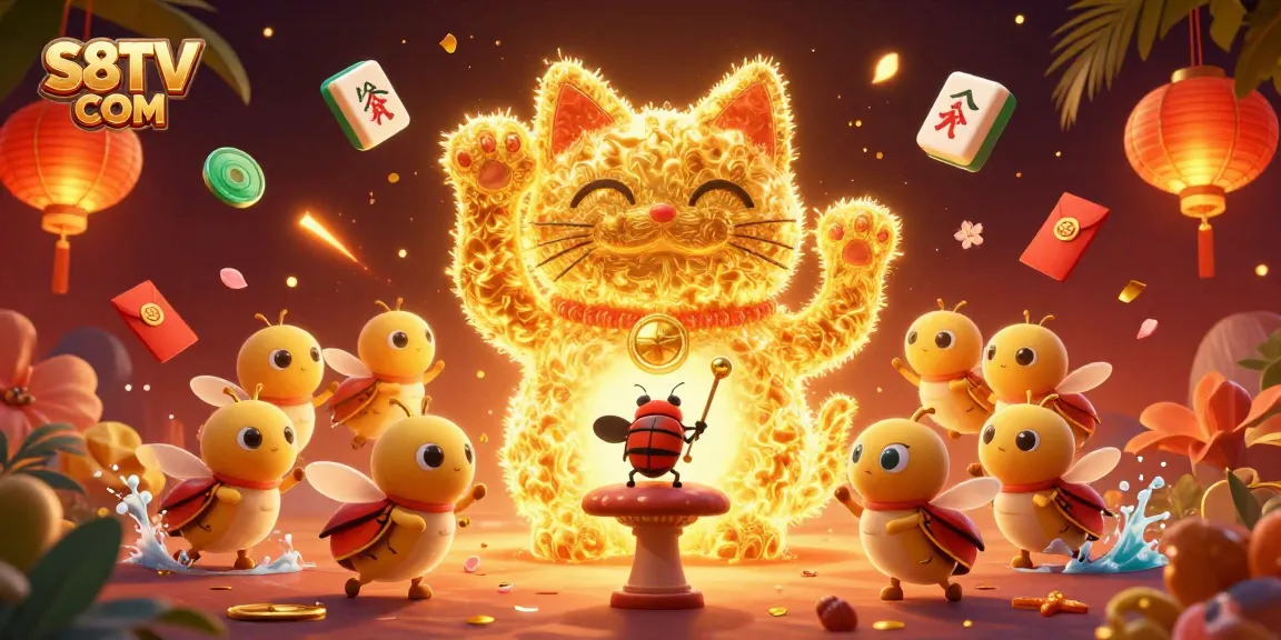 S8TV COM showcases a vibrant, cinematic illustration featuring a lucky cat and dynamic casino elements, encapsulating the online gambling experience.