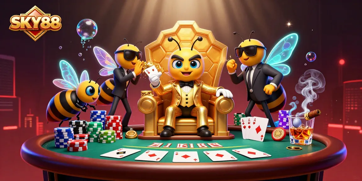 Experience the thrilling ambiance of SKY88 casino with vibrant characters and dynamic poker gameplay.
