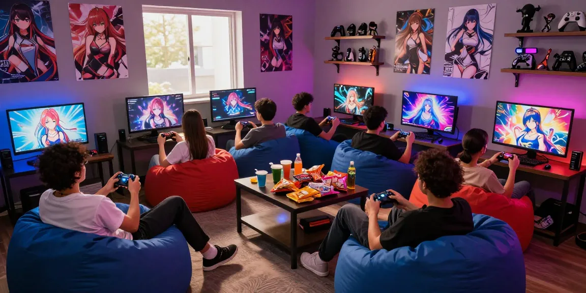 Group of gamers playing interactive hentai game in a vibrant lounge.