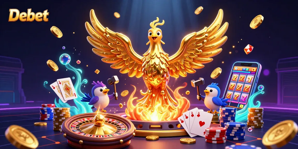 Spin and win with Debet's online gaming experience featuring a golden phoenix and vibrant casino elements.