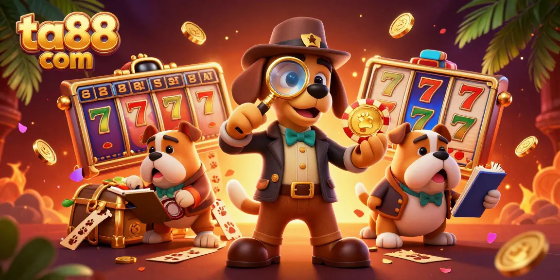 Experience thrilling slots at ta88 com with a detective-themed 3D illustration showcasing rich casino elements.