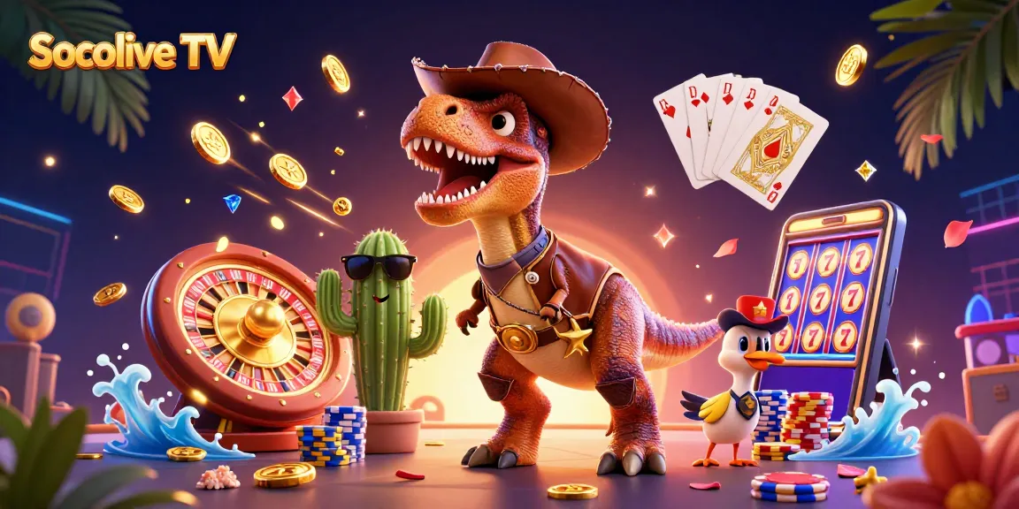 Socolive TV energizes sports betting with vibrant dinosaur and casino elements.