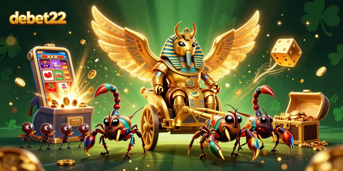 Experience excitement with debet22's vibrant casino action featuring a colossal beetle and slot machine.