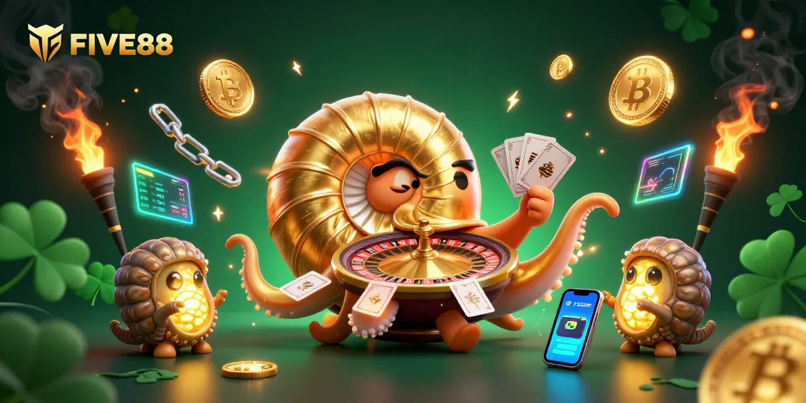Experience the thrill of gaming at FIVE88 with a vibrant 3D depiction of interactive casino elements.