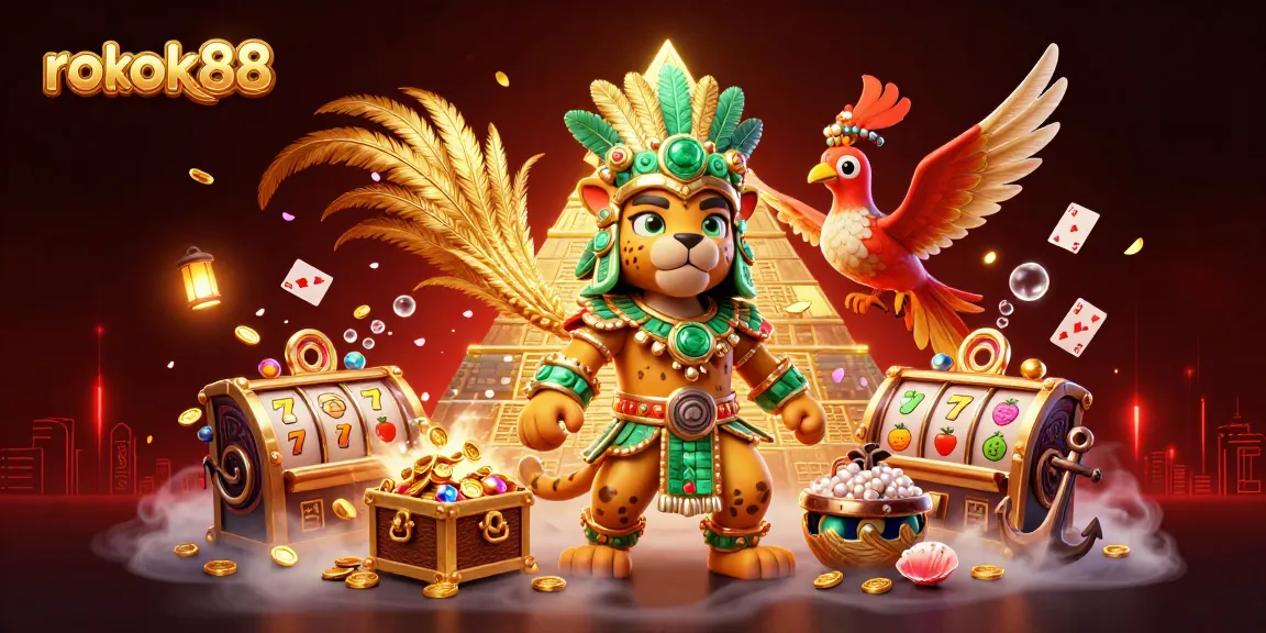 Spin the reels at rokok88, featuring a vibrant scene with a Mayan priest and golden treasures.
