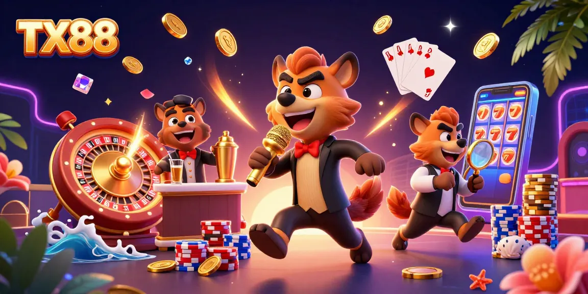 Join the fun at TX88's comedy casino with hyenas and sparkling gaming elements!