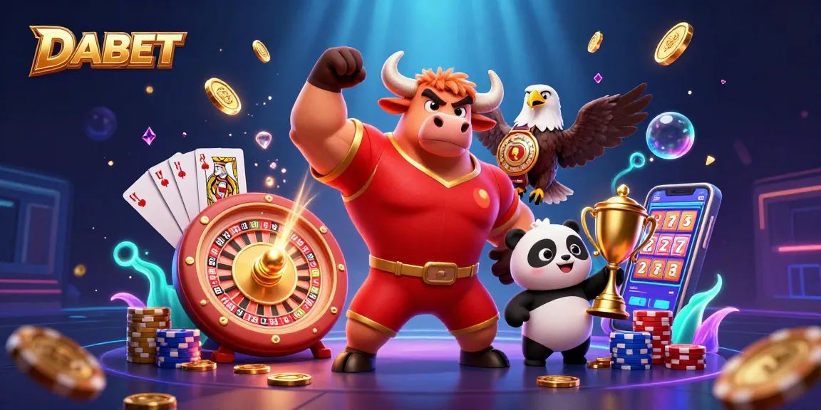 DABET showcases a vibrant 3D scene with a bull mascot in celebration alongside an eagle and panda in a dynamic casino setting.