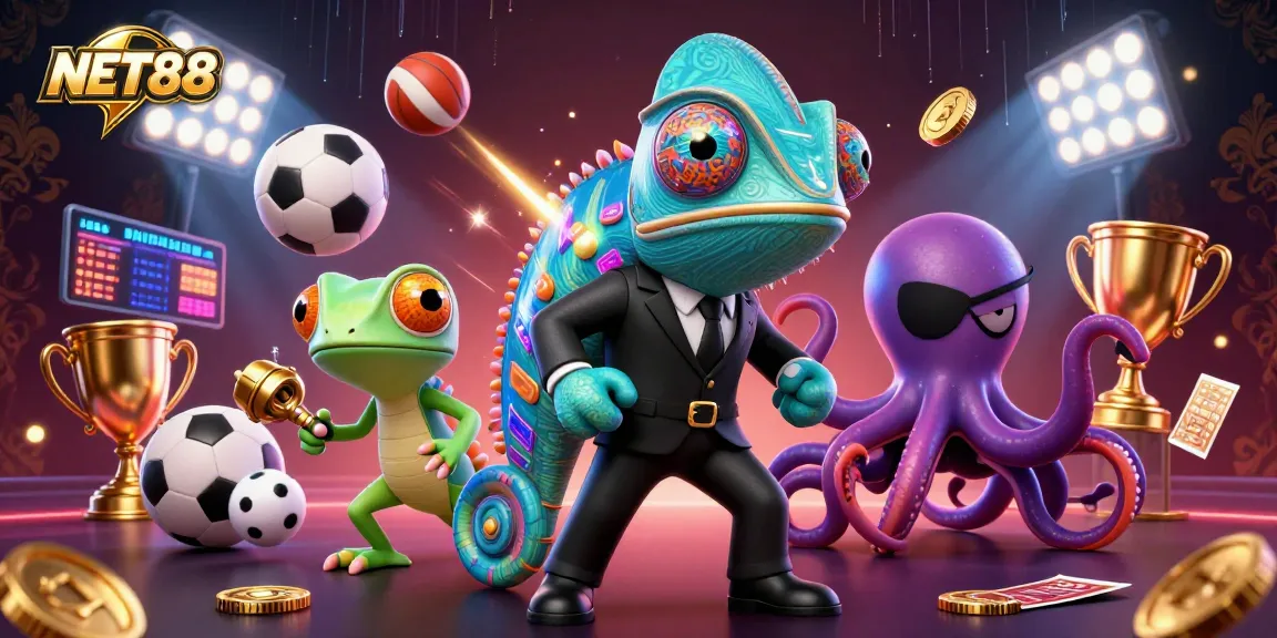 NET88 offers a dynamic betting experience with a colorful illustration featuring sports and casino themes.