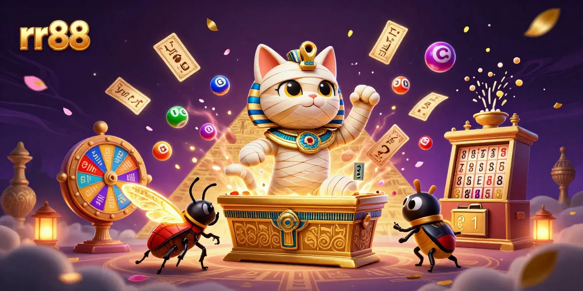Experience thrilling gambling at rr88 with vibrant visuals of a mummy cat in a casino scene.