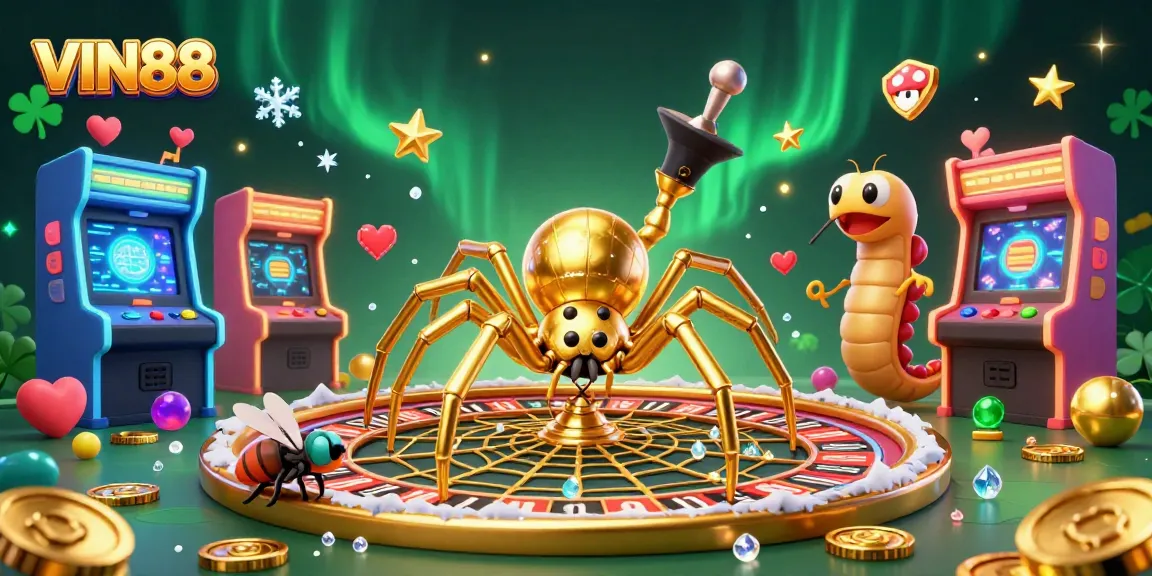 Experience thrilling gameplay at VIN88 with a golden spider and colorful game machines in a vibrant casino scene.