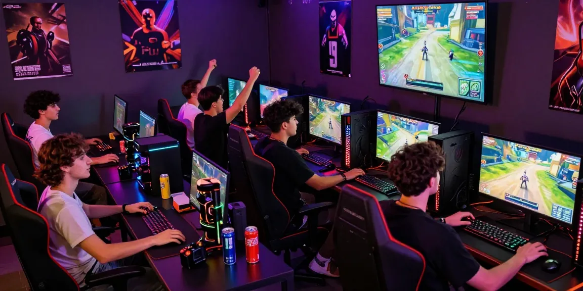 Friends gaming at rokok88 café with vibrant LED lighting and high-end PCs.