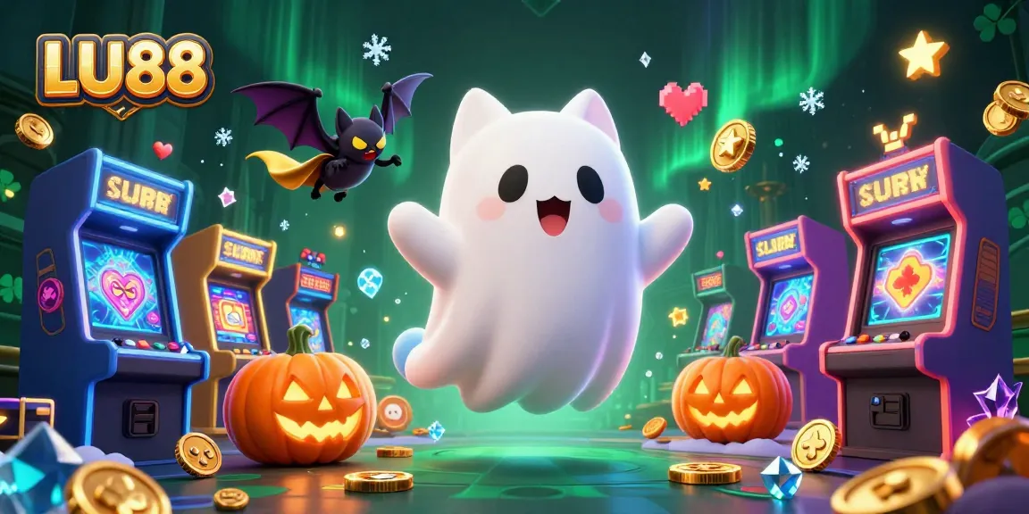 LU88 offers an engaging scene with a ghost cat and bat companion in a haunted casino, showcasing exciting gaming elements.