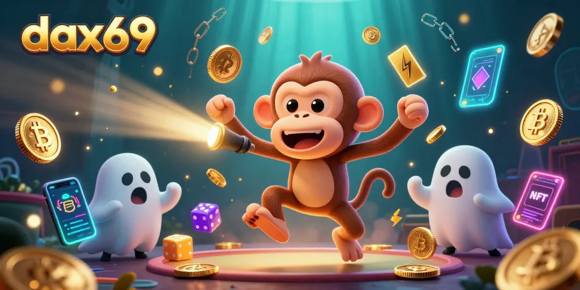 Permainan dax69 dengan karakter menarik di kasino, memperlihatkan koin dan grafik blockchain neon.