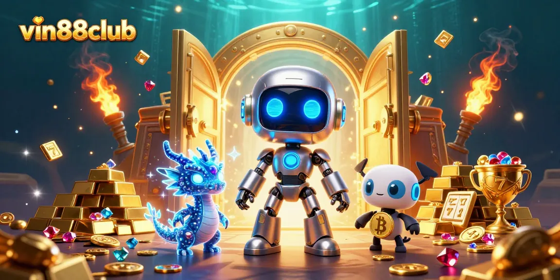 Engage with vin88club's vibrant casino adventure featuring a cyberpunk robot and gaming treasures.