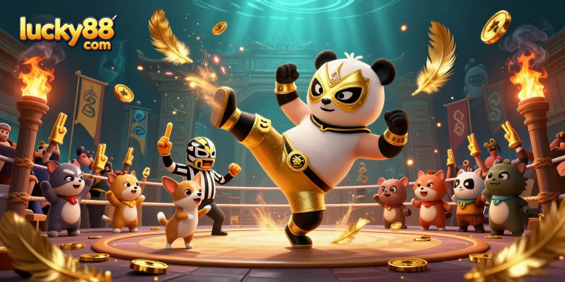 Experience thrilling wins with lucky88 com in an action-packed 3D illustration of a panda wrestler.