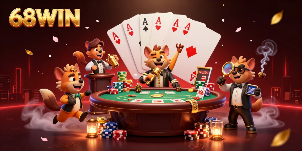 Hyenas run a lively comedy casino club themed around 68WIN, mixing drinks, and checking IDs amid gaming excitement.