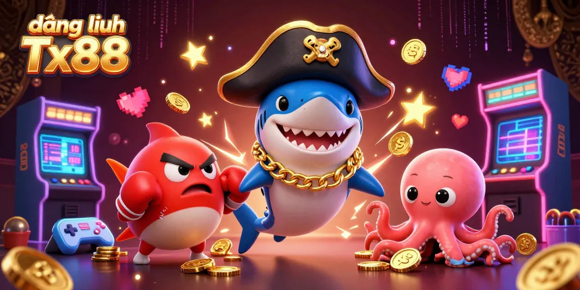 Participate in thrilling gameplay with đăng nhập Tx88, featuring cartoon characters amidst vibrant casino elements.