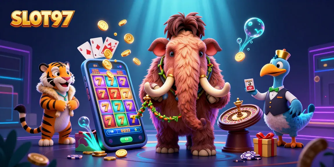 SLOT97 casino entrance with a woolly mammoth bouncer, saber-tooth tiger guest, and vibrant slot game elements surrounding them