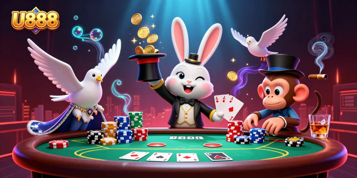 U888 casino scene showcasing a magician rabbit pulling coins, poker chips, and a dazzling dove.