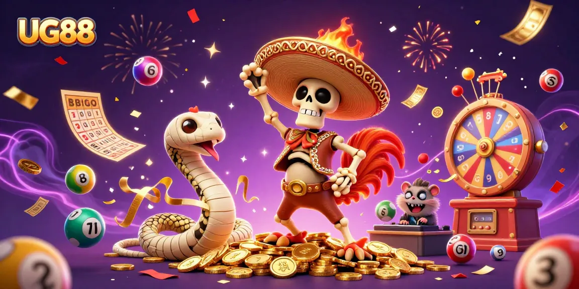 UG88 gaming celebration features vibrant skeleton mariachi and golden coins surrounded by lottery elements.